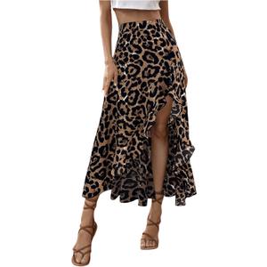 SweatyRocks Women's Ruffle Midi Skirt Leopard Print Slit Split High Waisted Flowy Long Skirts (Large, Brown)