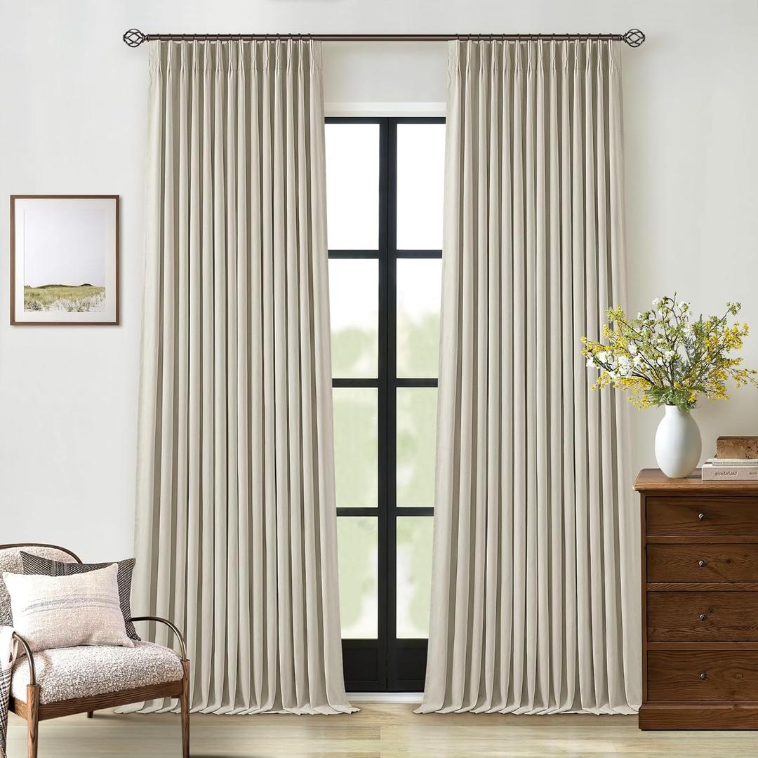 Oatmeal Linen Blackout 120 Inch Curtains for Living Room 2 Panels Set Pinch Pleated Back Tab Drapes Farmhouse Thermal Insulated Full Black Out Curtains 120 Length High Ceiling to Floor Tan Beige (40"W x 120"L (Pack of 2))