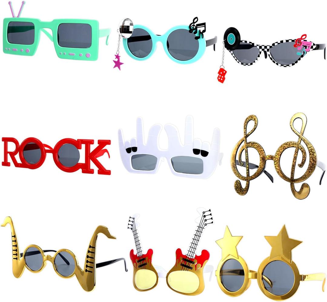 9 Pack Rock Music Funny Sunglasses Decor 80s 90s Retro Music Party Supplies Radio Star Retro Rock Glasses Photo Props Radio Star Party Novelty Glasses for Kids Adults Photo Props Hip Hop Theme Favors