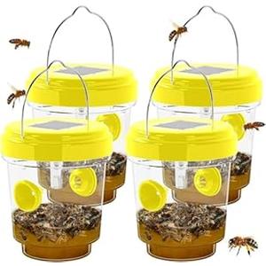 Wasp Traps Outdoor Hanging, Solar Bees, Hornets, Yellow Jacket Traps, Wasp Trap Catcher, Reusable Solar Powered Hanging for Outdoor, 4 Packs