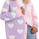 Saodimallsu Womens Heart Cardigan Sweaters Valentines Oversized Winter Color Block Button Up Cute Ribbed Sweater Coats (Small, Purple)