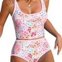 ZAFUL Tankini Swimsuit Tummy Control Bathing Suits Two Piece Swim Top with High Waisted Bottom Size L Pink Floral