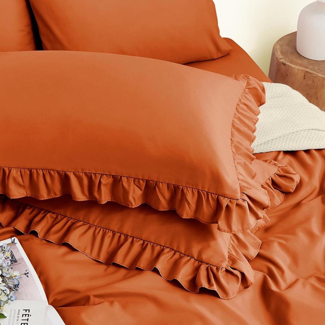 Horbaunal 2 Pack Burnt Orange Ruffle Pillowcases Standard Size, 20" x 26" Ruffle Pillow Covers Ultra Soft Microfiber Ruffled Fringe Pillow Shams, Shabby Chic Pillow Cases