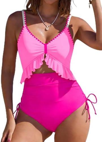 SHESHOW Womens Tummy Control One Piece Swimsuit High Waisted Cutout Ruffle Bathing Suit Color Block Swimsuits L