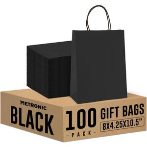 METRONIC Black Paper Gift Bags 8x4.25x10.5 Inches 100 Pack, Medium Kraft Shopping Bag with Handles for Business, Boutique, Party Favors, Retail Stores, Gift Wrap Bulk