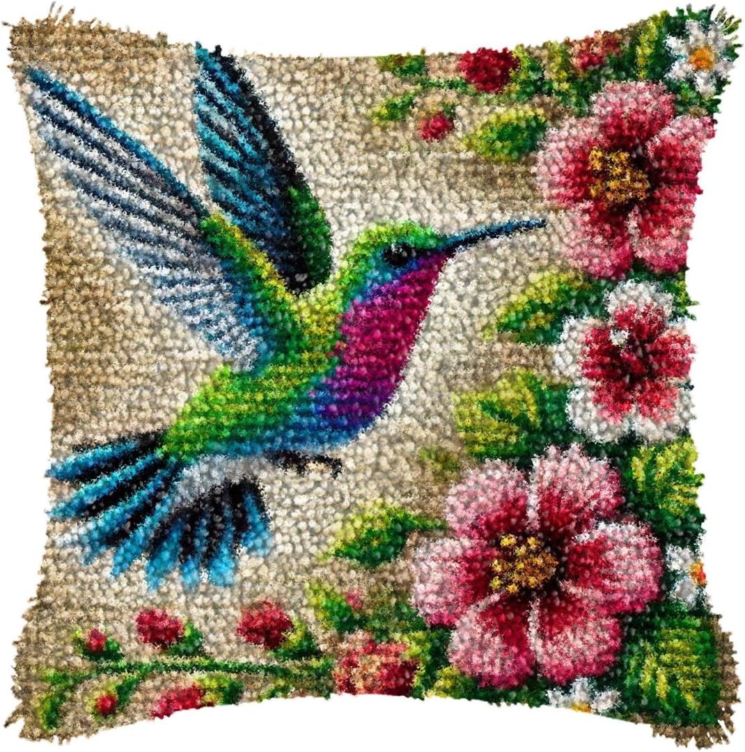 LAPATAIN Latch Hook Kits for Adults,Hummingbird Pattern Color Printed Canvas DIY Throw Pillow Cover,Beginners Handmade Needlework Crafts Home Decoration 17x17inch NP3