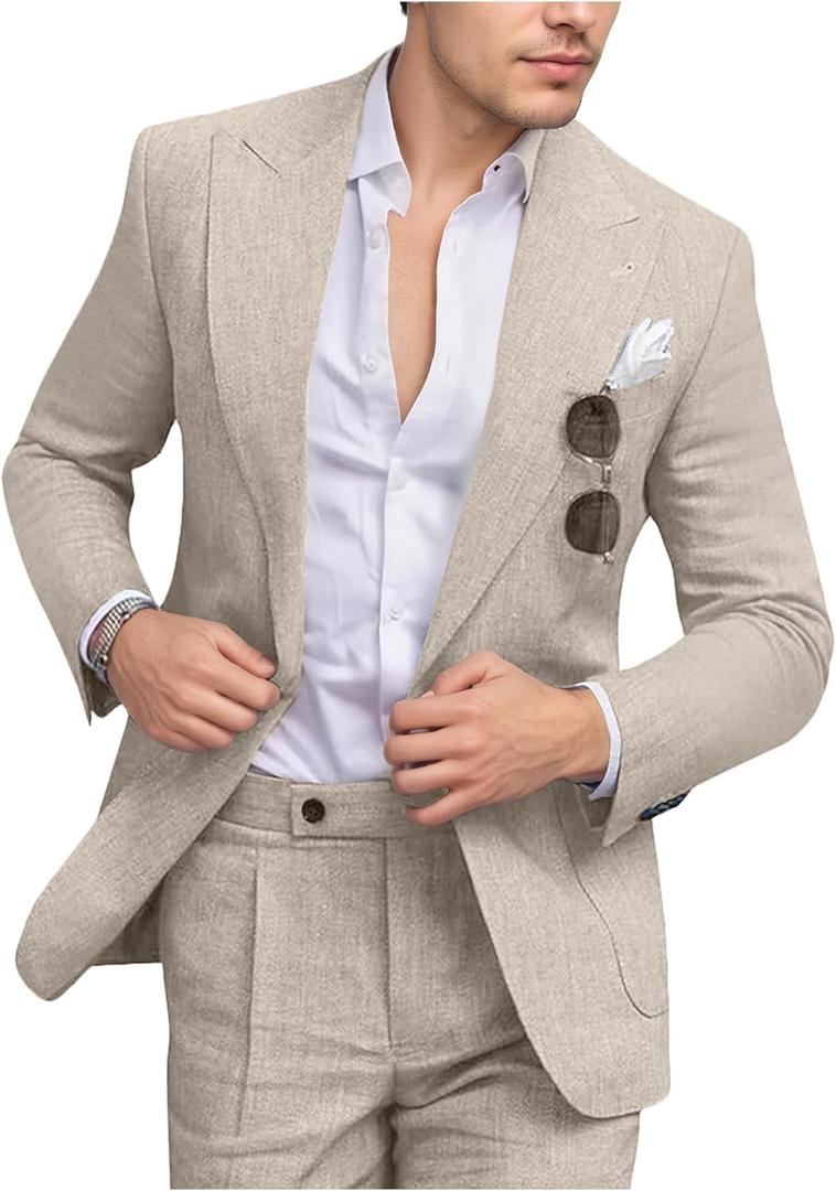 Men's Linen Suit Slim Fit 2 Piece Summer Beach Wedding Suits Peak Lapel Casual Blazer Pants Set for Prom Tuxedo (Beige, Small)