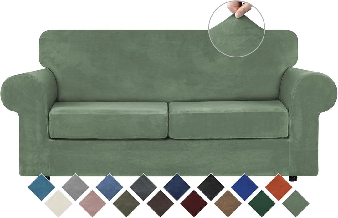 WEERRW Velvet Couch Covers for 2 Cushion Couch Sofa - High Stretch Velvet Plush 3 Pieces Sofa Slipcovers with Elastic Bottom, Furniture Protector for Pets, Machine Washable, Greyish Green, Medium