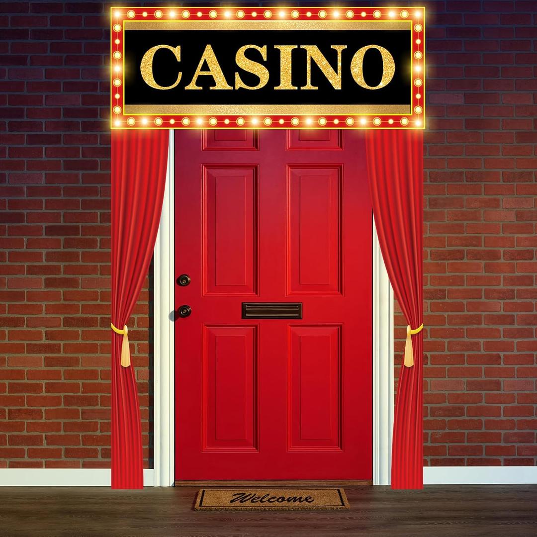3 Pcs Casino Theme Party Decorations LED Banner with String Light Red Curtain Sign Casino Night Welcome Background for Las Vegas Game Door Entryway Photography Party Supplies