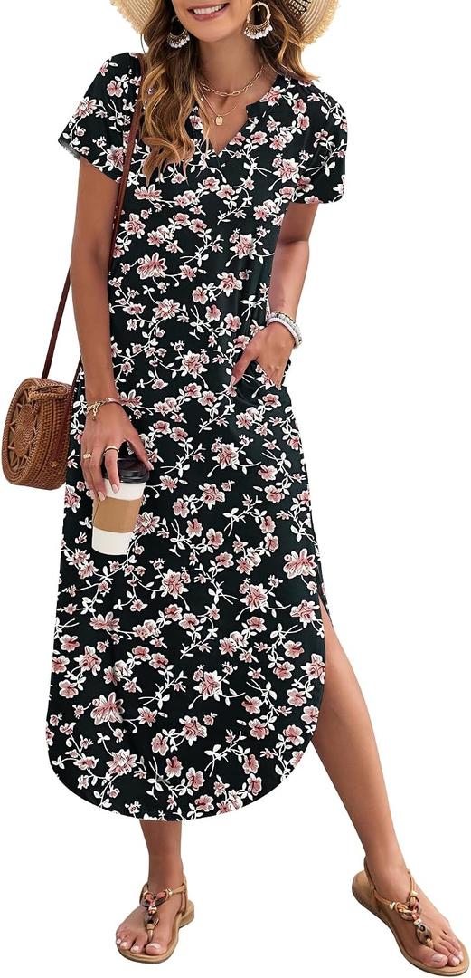 MISFAY Women's Summer Casual Maxi Dress 2026 Short Sleeves V Neck Loose Sundress Split Long Beach T Shirt Dress Vacation Outfits(Black Red Flower,M) (M)