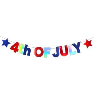 3 x 4th of July Banner Decorations, No DIY Shiny Red Blue Iridescent Silver 4th of July Banner with Patriotic Star for USA America Fourth of July Independence Day National Day Party Decor