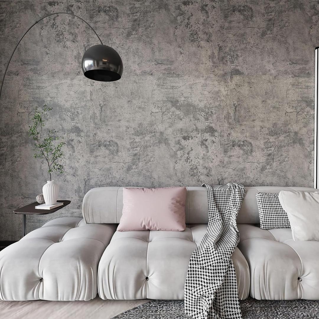 BAYYA Extra Wide Concrete Textured Wallpaper Peel Stick Light Grey Matte Thicken 31.5x197inch Retro Industrial Style Contact Paper Waterproof Self-Adhesive Cement Wall Sticker Vinyl Wrap Earthy Gray