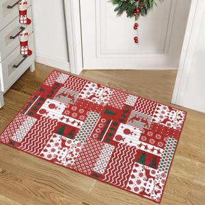 RUGSREAL Christmas Area Rug Christmas Patchwork Pattern Small Entryway Rug Doormat Non-Slip Holiday Decorative Washable Floor Carpet for Indoor Front Entrance Kitchen Bathroom, 2x3 Feet