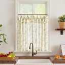 jinchan Floral Linen Kitchen Curtains with Attached Valance 36 Inch Length Farmhouse Cafe Tier Curtains for Living Room Bathroom Rustic Half Window Light Filtering Small Drapes 2 Panels Green