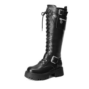 DREAM PAIRS Women's Combat Riding Platform Knee High Boots, Lace Up Fall Lug Sole Gothic Motorcycle Boots with Inside Zipper,Size 8.5,Black,SDKB2304W
