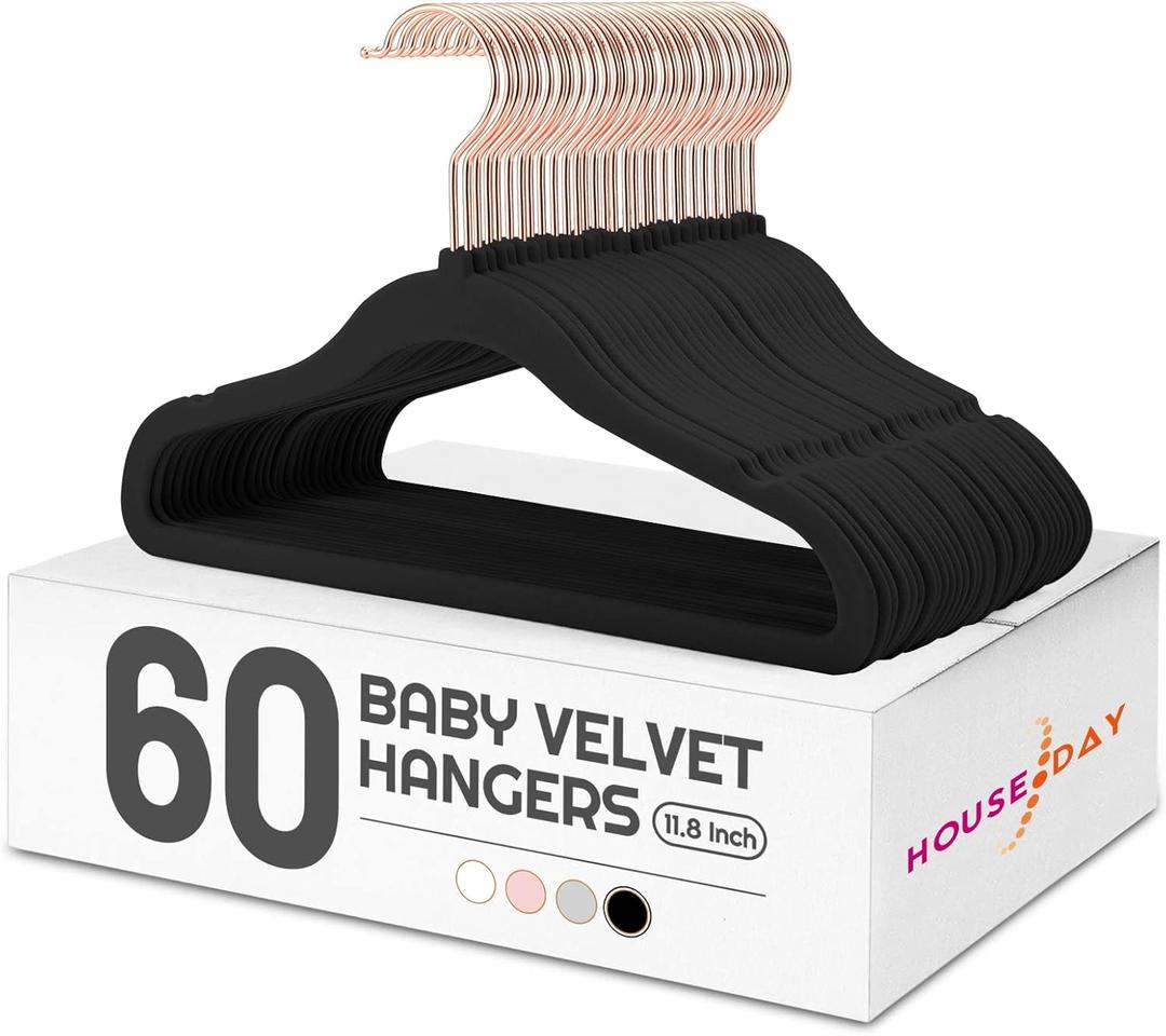 HOUSE DAY Velvet Baby Hangers for Closet, Kids Hangers Velvet 60 Pack, Non Slip Toddler Hanger 11.8 Inch, Durable Childrens Hanger for Newborn Baby Clothes- Black