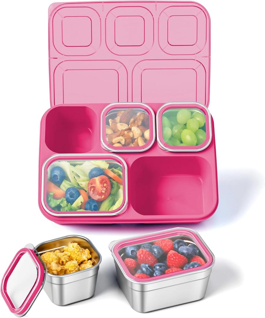 Freshmage Stainless Steel Snackle Box Container, 5 Compartment Lunch Bento Box, Reusable Food Storage Snack Box for School, Work, and Travel, BPA Free and Dishwasher Safe, Pink (1 Pack)