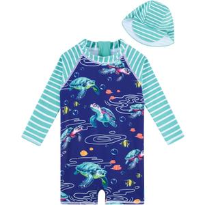 ADUKIDE Baby Boys Swimsuit Summer Beach Rash Guard Swimwear One Piece Sunsuit with Sun Hat 3-24 Months (Sea Turtle)