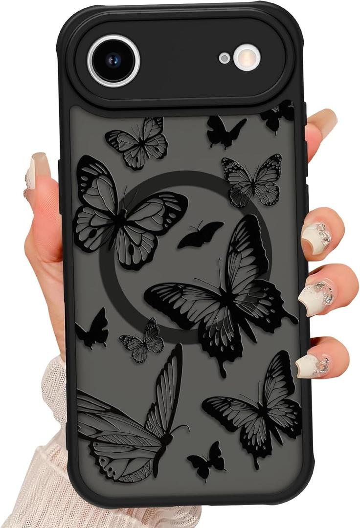 Magnetic for iPhone Air Case [Compatible with MagSafe] Cute Cool Butterfly Print Pattern Design, Slim Bumper Translucent Matte Protective Cover for Women Girls, Black