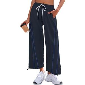 Fisoew Womens Baggy Wide Leg Pants Casual Elastic Waist Drawstring Hiking Workout Cropped Pants with Pockets Large