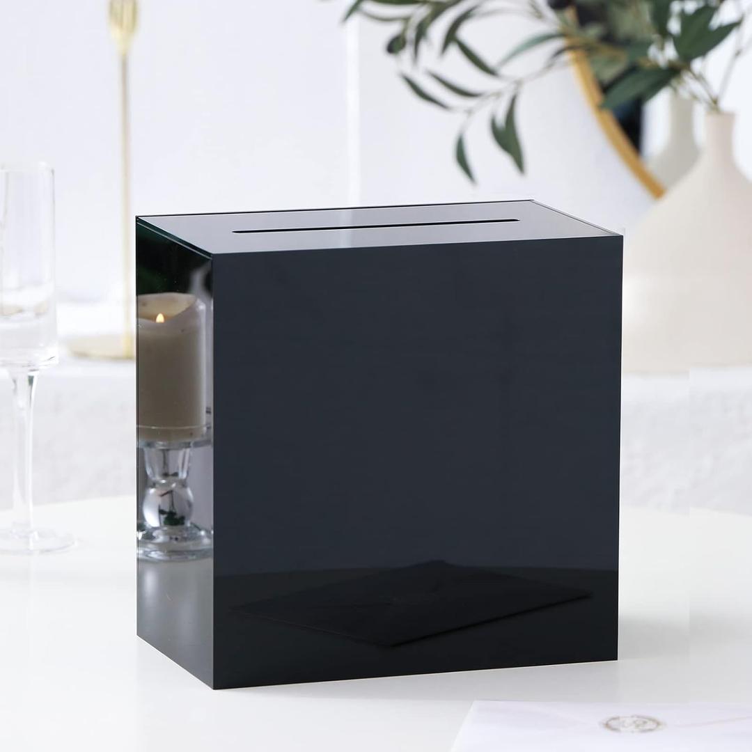 UNIQOOO Black Acrylic Wedding Card Box with Slot, Thick DIY Large 10x10x5.5 inch w/No Print, Wedding Receptions Wishing Well Money Box, Birthday, Memory Box, Suggestion Boxes, Acrylic Ballot Box