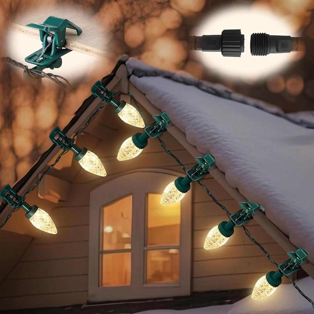 Meonum 66 FT C9 LED Christmas Lights Outdoor with 100 Spring Clips and 100 C9 Strawberry String Lights Waterproof Extendable for Holiday House Roofline Gutter Backyard Patio Home Decor, Warm White
