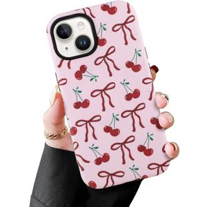 MZELQ Magnetic for iPhone 15 Case, Pink Cherry Bow Red Pattern [Compatible with Magsafe Charging] 2 in 1 Matte Shockproof Protection Hard Phone Cover for Girls Women