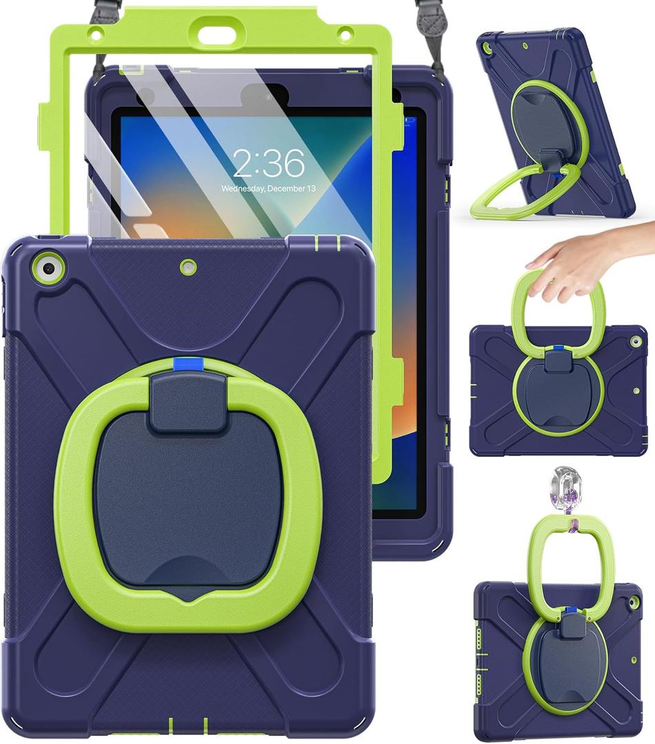 BRAECN Kids Protective Case for iPad 10.2 Inch 9th/8th/7th Generation 2021/2020/2019 - Shockproof Hard Case with Kickstand, Handle Grip & Carrying Strap | Screen Protector & Pencil Holder - Navy+Green