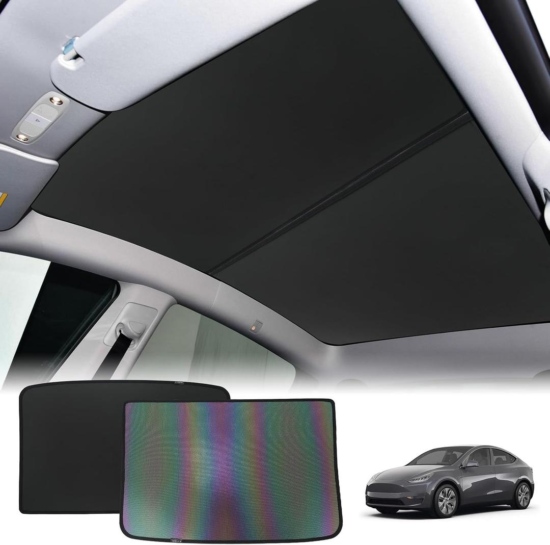 ROCCS Sunshade Roof for Tesla Model Y 2020-2024 Colorful Ice Crystal Glass Roof Sunshade Sunroof No-Sag Design Retractable Sunshade Heat Insulation Roof Window Sun Protection Snap Foldable (Black)