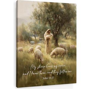 SHQIEUDH Christian Jesus and Lamb Wall Art Decor 11x14, Bible Verse John 10:27 Framed Canvas Prints Artwork, Jesus The 99 Sheep Religion Canvas Wall Decorations Pictures for Living Room Church Home