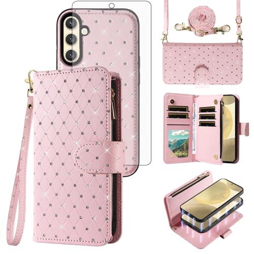 Compatible with Samsung Galaxy S24 Plus 5G Wallet Case Zipper Detachable Cell Screen Protector Crossbody Lanyard Strap Bling Glitter Flip Phone Cover for S24Plus 24S + S 24 24+ Women Girls Rose Gold