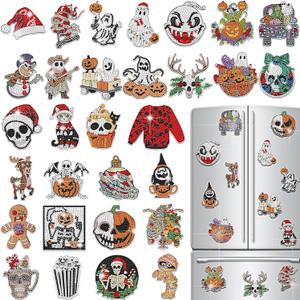 30 Pcs Christmas Eve Diamond Art Magnets Creepy Diamond Painting Magnets Kits DIY Xmas Horror Magnetic Refrigerator Sticker for Beginners Gifts Home Car Garage Decor