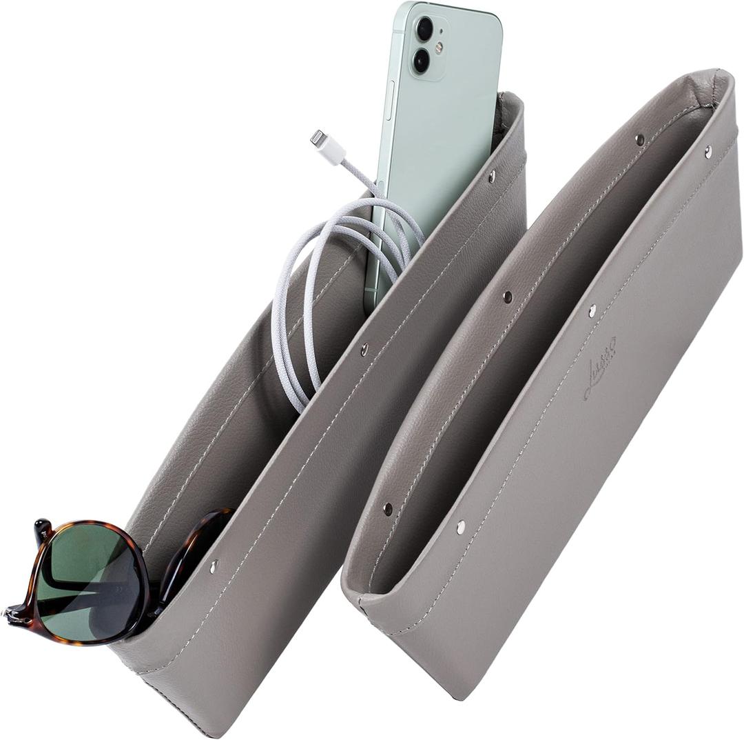 Lusso Gear 2-Pack Car Seat Gap Organizer - Vegan Leather, Universal Fit, Adjustable for Glasses, Keys & More - Gray Gap Filler & Couch Catcher between Seats