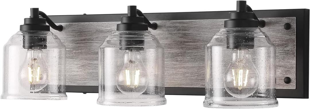 23" Large Farmhouse Bathroom Vanity Light,Handmade Grey Wood Vanity Light with Bubble Glass Shades,3-Light Rustic Wall Sconce Lighting Fixtures Over Mirror, BD005-3-BK (3-Light, Light Wood)