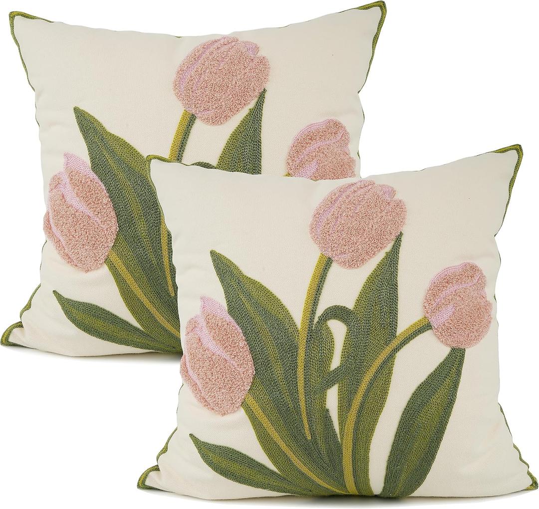 YOUR SMILE Pack of 2 Embroidered Decorative Throw Pillow Cover 18x18 Inch Farmhouse Floral Floor Pillowcase for Couch Living Room Sofa Bed, Pink Tulip