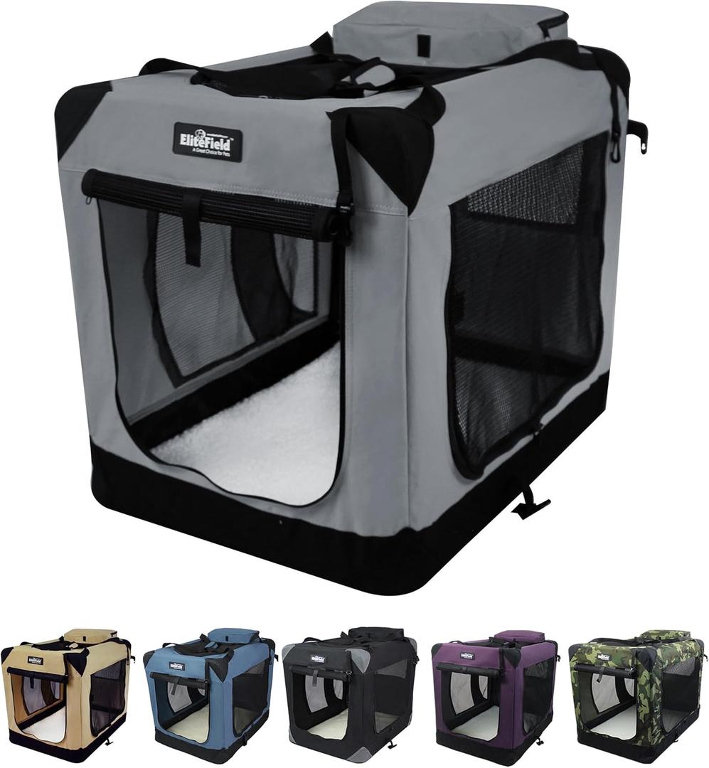 EliteField 3-Door Folding Soft Dog Crate with Carrying Bag and Fleece Bed , Indoor & Outdoor Pet Home (36" L x 24" W x 28" H, Light Gray)