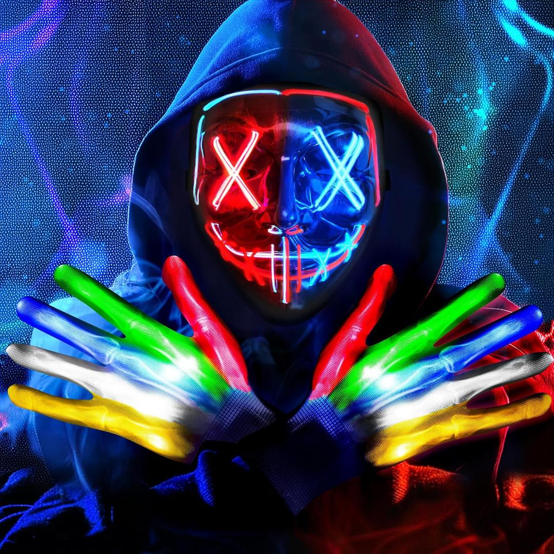 Halloween LED Light Up Mask, Scary Glowing Mask for Cosplay Costumes, Festival, Carnival Party Supplies Gifts (Blue+red)