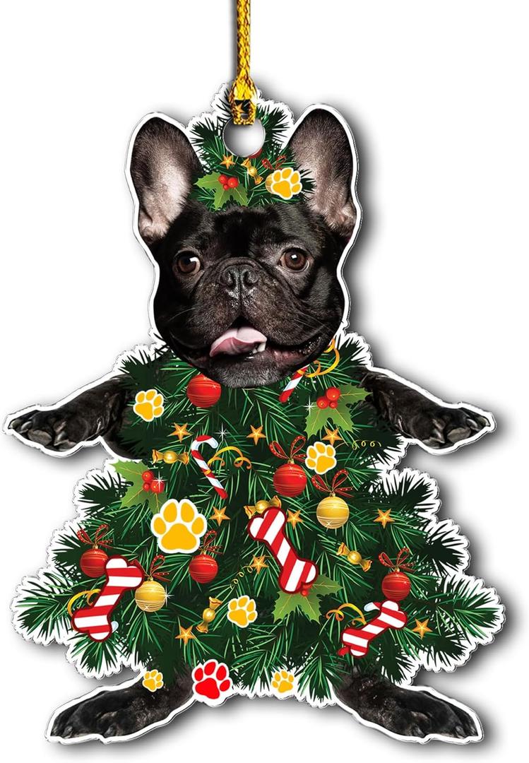 3 x 2025 Black French Bulldog Christmas Tree Ornament - Festive Holiday Hanging Decoration with Adorable Frenchie Dog - Black Frenchie Dog Christmas Tree Topper Ornaments