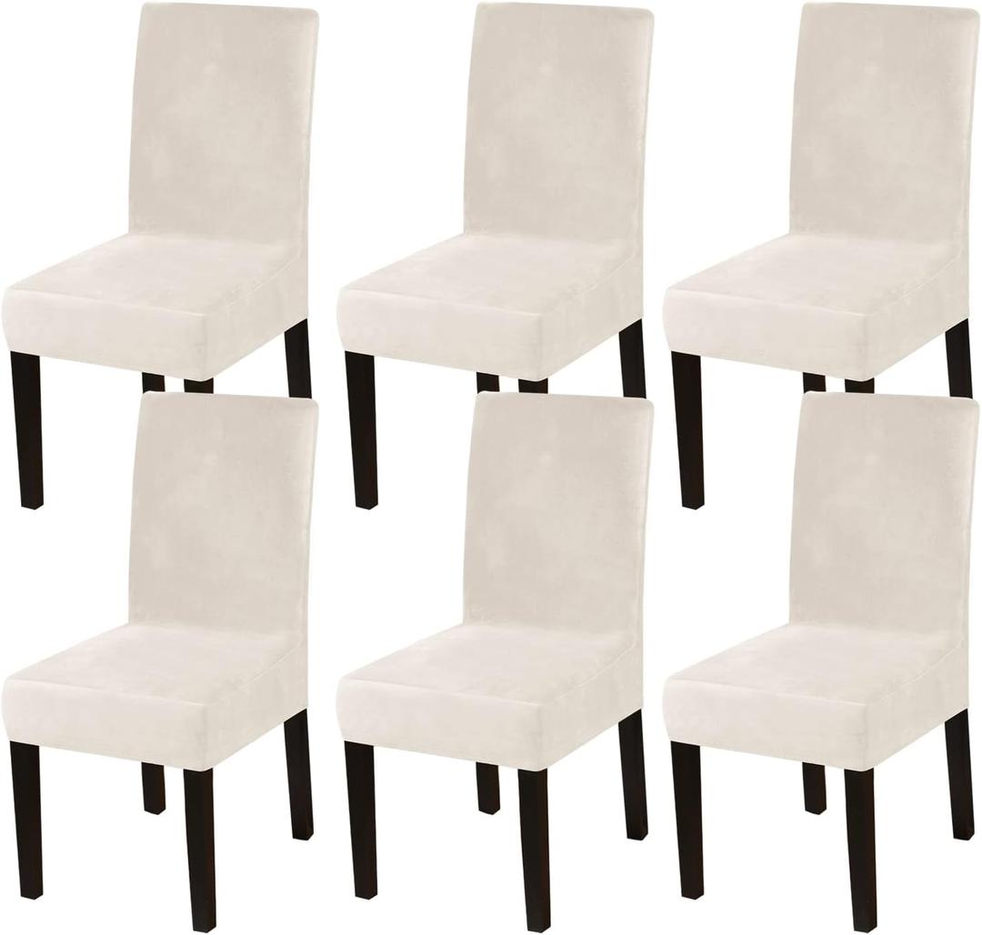 Turquoize Chair Covers for Dining Room Chairs Set of 6, Stretch Velvet Dining Chair Covers Removable Washable Chair Seat Slipcovers Protector for Dining Room, Hotel, Ceremony (6, Ivory)