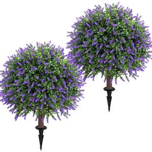 Artificial Lavender Topiary Ball Tree 25" with Ground Spike, Set of 2 Artificial Boxwood Bushes for Faux Shrubs, Fake Evergreen Faux Plant for Indoor Outdoor Porch Garden -UV Resistant Fade-Proof