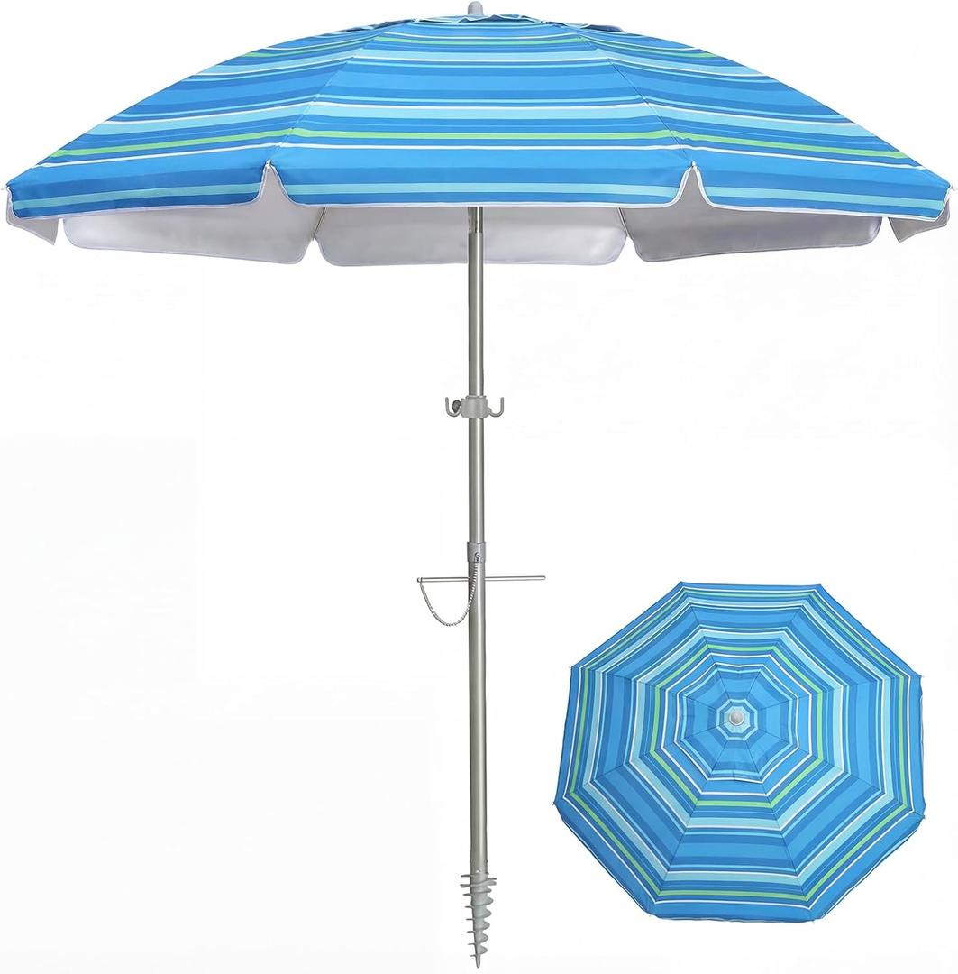 PASAMIC 7ft Beach Umbrella for Sand with Sand Anchor & Tilt, UPF 50+ Protection Beach Umbrellas for Heavy Duty Wind Portable with Carry Bag and Hook, for Patio Garden Pool, Light Blue Stripes