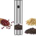 Electric Pepper Grinder & Salt Mill - Battery Operated Stainless Steel Body with Transparent Container LED Light One-Hand Operation Push-Button Switch Adjustable Coarseness Easy Refill & Clean (Silver + single grinder)