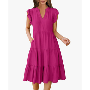Prinbara Womens Summer Floral Midi Dresses Ruffle Sleeve V Neck 2025 Spring Casual Flowy Tiered A-Line Sundress with Pockets, XL