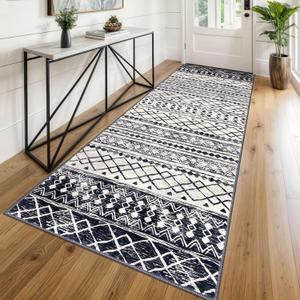 KUTA Moroccan Kitchen Rugs 3x8, Non-Slip Vintage Black Navy Blue Boho Hallway Runner Rug Ultra Soft Print Geometric Floor Carpet Runners for Bedroom Laundry Living Room