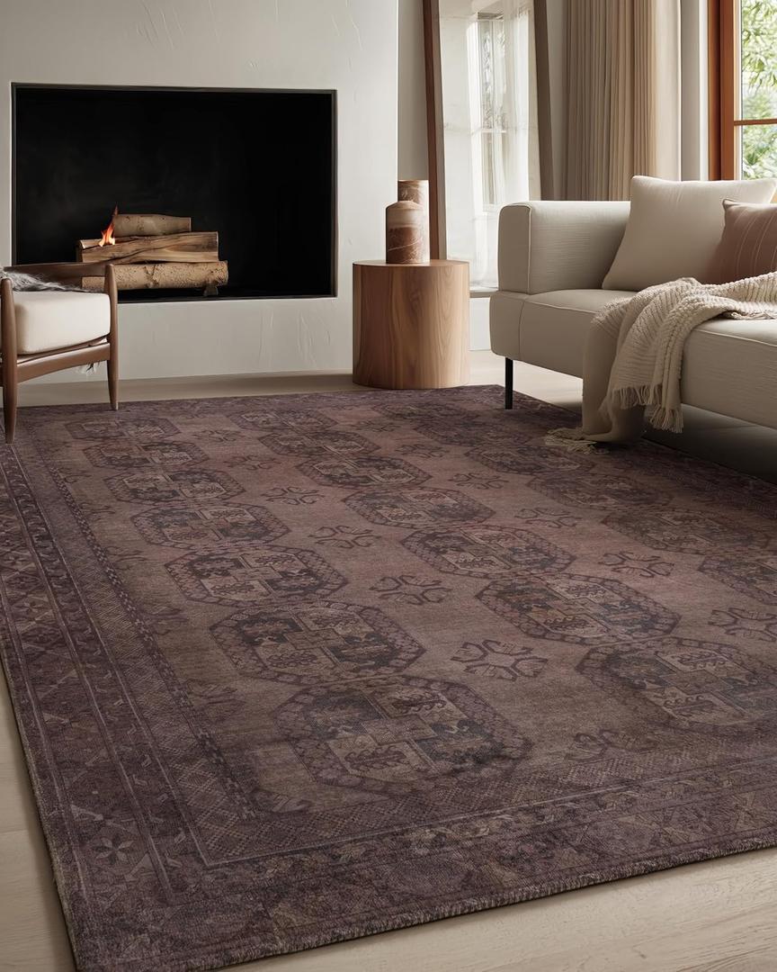 Kuden 8x10 Large Area Rug, Machine Washable Area Rug with Non-Slip Backing, Vintage Style, Soft, Easy Clean, Low Pile Rug for Living Room, Bedroom, Dining Room (Brown)