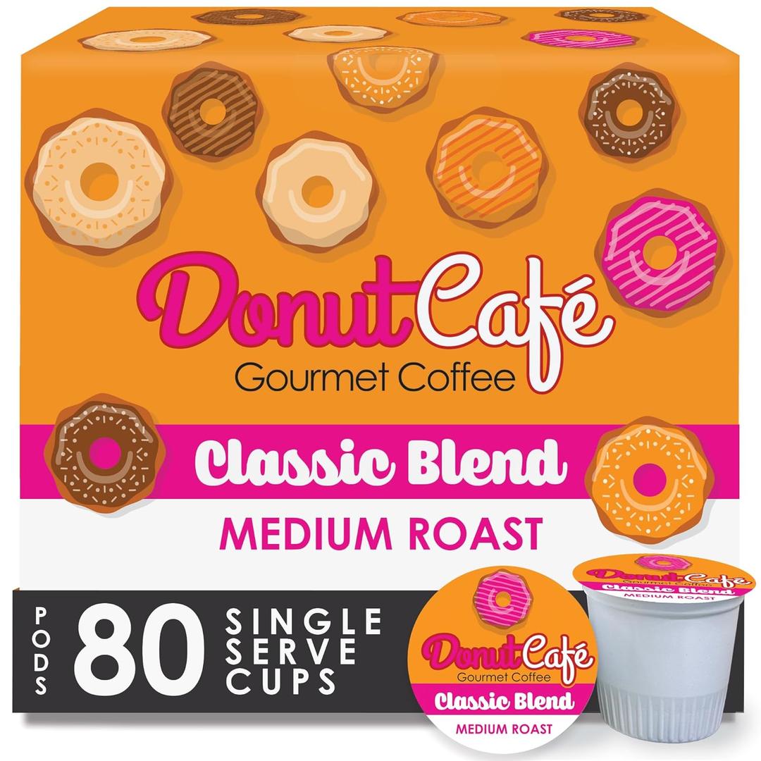 Donut Caf - Coffee Gourmet Pods, Classic Blend, Medium Roast Non-GMO, Gluten Free Compatible with Keurig K Cup Brewers Smooth & Delicious 80 Count (EXP 06/16/28)