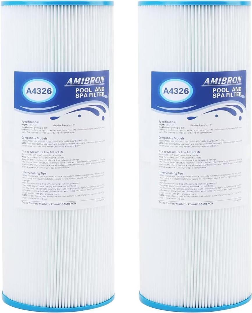 AmiBbon PRB25-IN Spa Filters, Replaces For Unicel C-4326, Filbur FC-2375, FC-2370,Guardian 413-106,817-2500,17-2327, 33521, 25392, 303909, M-4326, R173429, 25 sq.ft. 5X13 Drop in Hot Tub filter 2 Pack