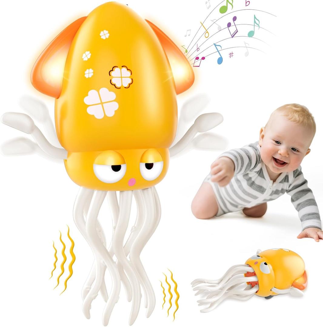 Baby Dancing Octopus Toy for 1 2 3 4 5 Year Old Boy Girl, Baby Tummy Time Electric Crawling Octopus Toys 12-18 Months, Dancing Squid Toy for Walking Toddlers, Kids 1st Birthday Gifts, Yellow