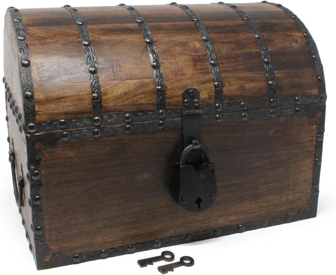 Nautical Cove Wooden Treasure Chest with Decorative Rivets and Reinforcing Iron Strips with Iron Lock and Skeleton Keys – Wooden Lock Box, Pirate Decor Chest, Keepsake Box