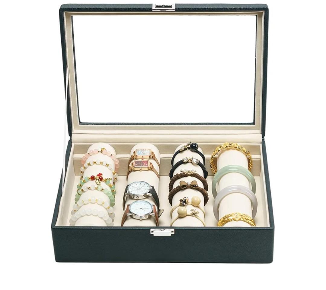 Bracelets Organizer Rods Bangles Display Holder, Clear See through Lid Leather Velvet Jewelry Storage Box Case for Women, 4 Rods Black Leather